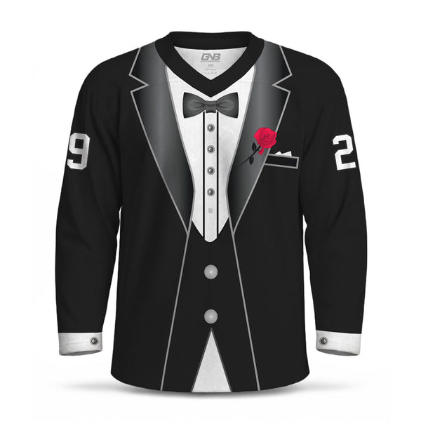 HJZ120 Black Tuxedo Sublimated Custom Hockey Goalie Jerseys
