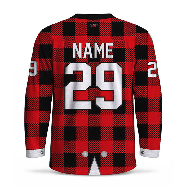 Custom long-sleeve hockey jersey with a red and black buffalo plaid pattern, featuring personalized name and number on the back, with snap-button cuffs.