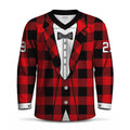 A long-sleeve V-neck hockey jersey featuring a red and black buffalo plaid blazer design over a white tuxedo shirt graphic with a black bow tie.