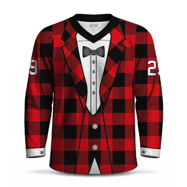 A long-sleeve V-neck hockey jersey featuring a red and black buffalo plaid blazer design over a white tuxedo shirt graphic with a black bow tie.