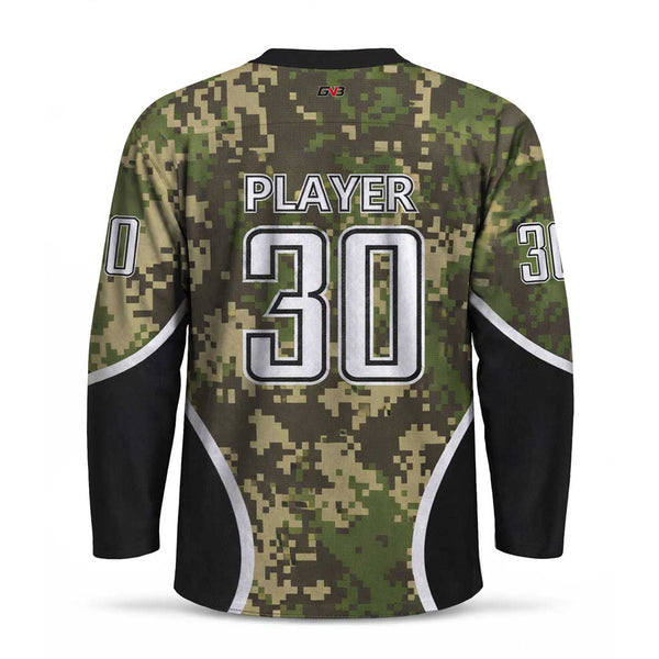 Back view of a long-sleeve hockey jersey with a green and brown digital camouflage pattern, black sleeves, and personalized name and number printed on the back in white and black.
