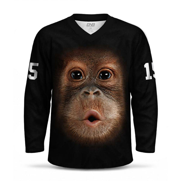 A black long-sleeve V-neck hockey jersey with a large realistic orangutan face graphic on the front, personalized name on both sleeves.