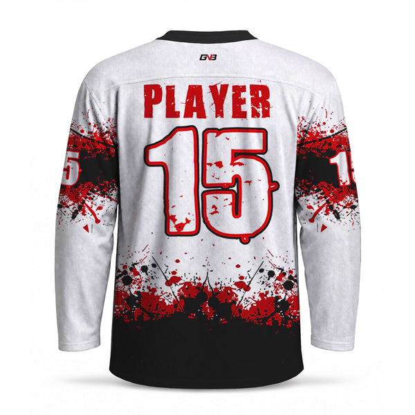 Back view of a white hockey jersey with red and black blood-splatter graphics, featuring personalized name and number in distressed red block letters on the back.