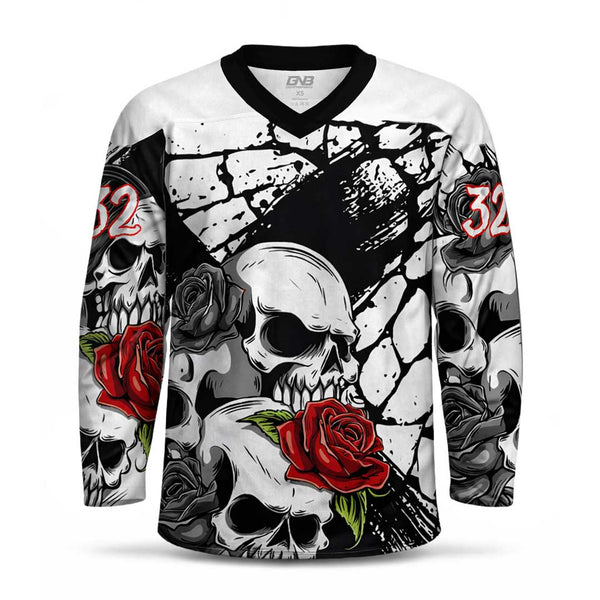 A long-sleeve V-neck hockey jersey with a black, white, and gray skull-and-rose graphic print, shown on a plain light gray background.