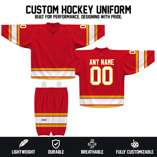 Red hockey uniform set with matching shorts, shown front and back on a white background with promotional text at the top and feature icons at the bottom.