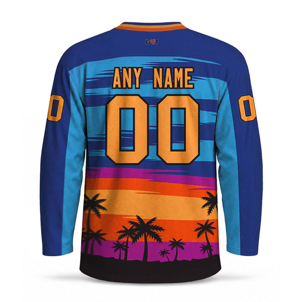 Custom long-sleeve hockey jersey shown from the back with a colorful sunset and palm tree graphic, featuring personalized name and number