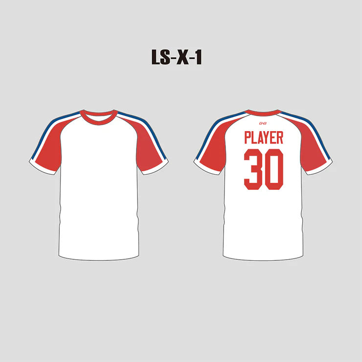 X1 White Red and Blue Custom Lacrosse Shooting Shirts
