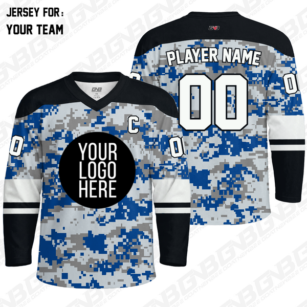 Tactical camo custom hockey jersey with customizable colors, logos, names and numbers