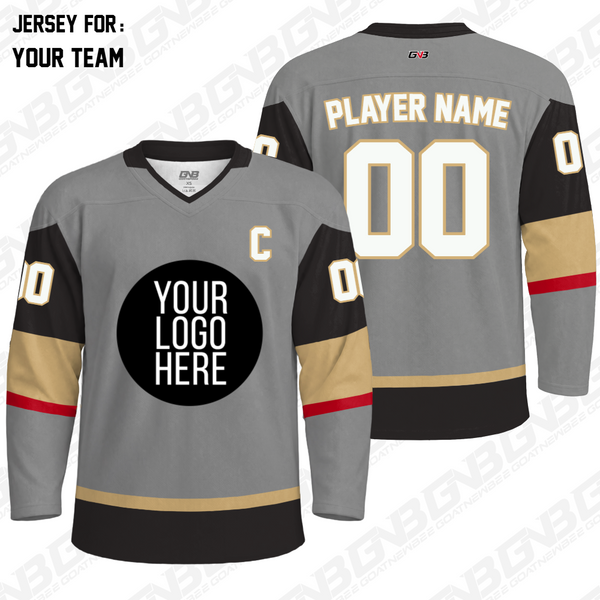 Vintage style custom hockey jersey with personalized team colors, logos, names and numbers