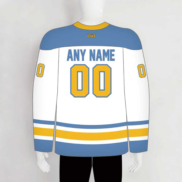 YS64 White/Blue/Gold Custom Ice Roller Hockey Jerseys Design
