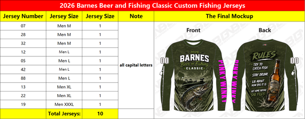 2026 Barnes Beer and Fishing Classic Custom Fishing Jerseys