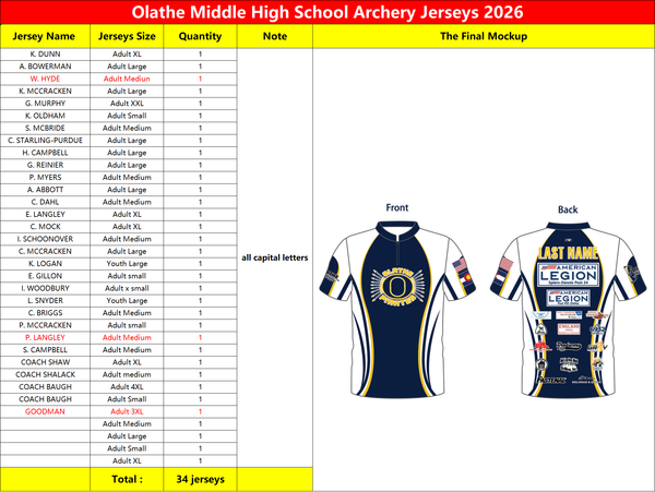 Olathe Middle High School Archery Jerseys 2026
