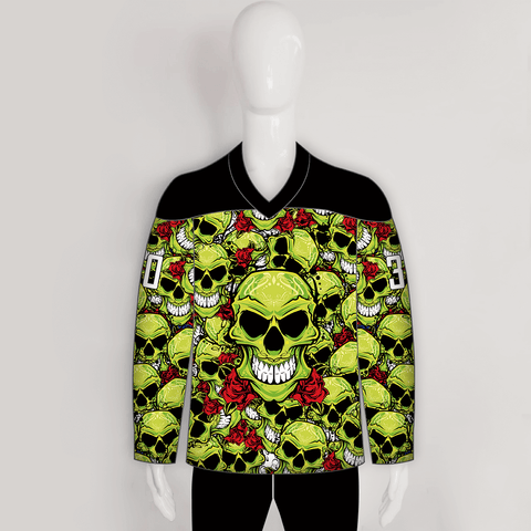 HJC154 Green Skull and Rose Sublimated Custom Hockey Jerseys - YoungSpeeds