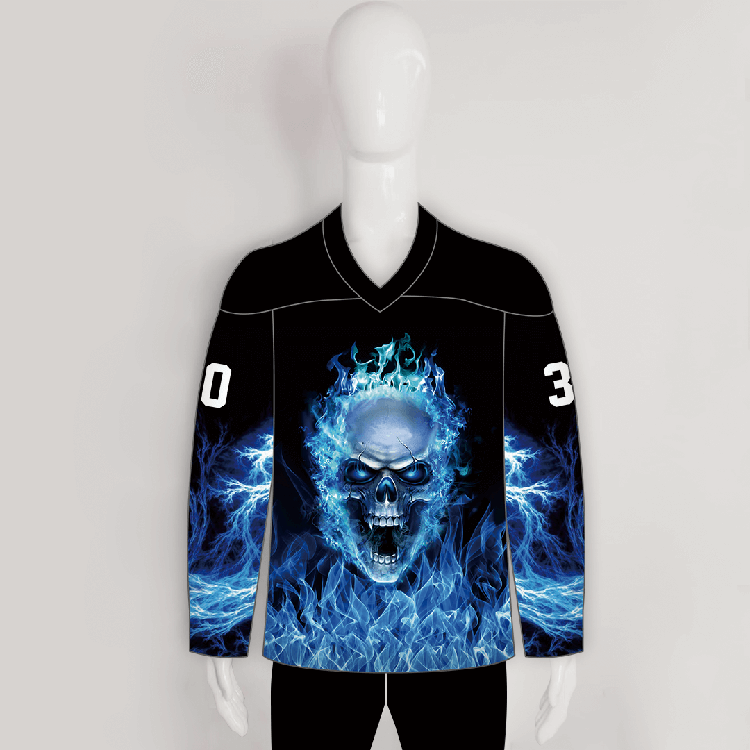 HJC174 Blue Blazer Skull Custom Sublimated Hockey Jerseys - YoungSpeeds