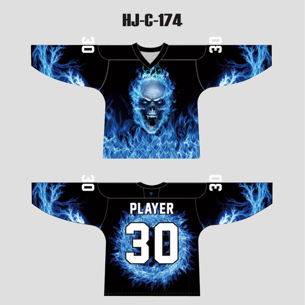 HJC174 Blue Blazer Skull Custom Sublimated Hockey Jerseys - YoungSpeeds